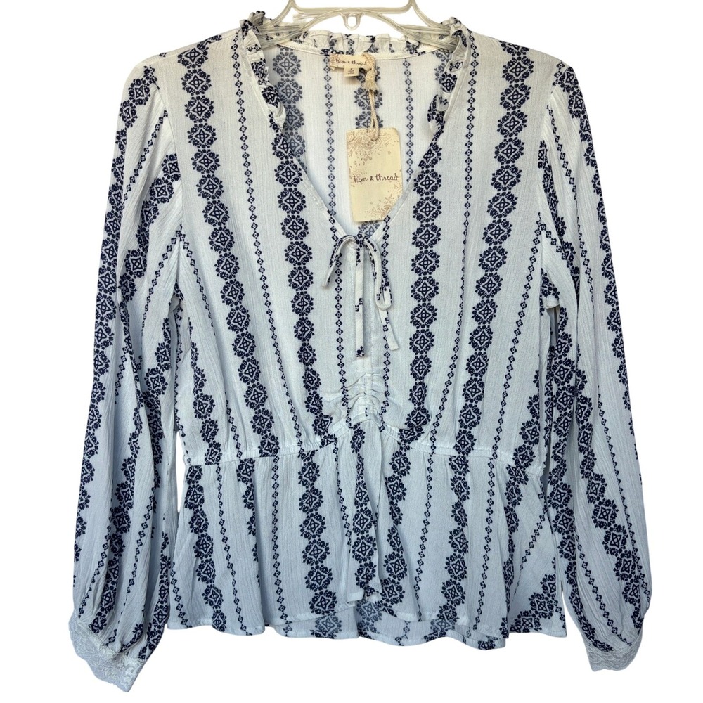 Hem & Thread Peplum Top Womens Small Lace Geometric Stripes Boho Long Sleeve - Picture 2 of 9